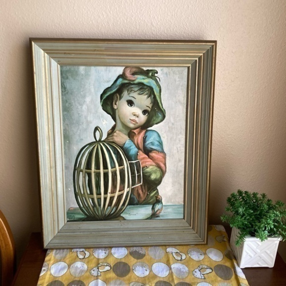 Vintage MCM Maio style Big eyed little boy framed print